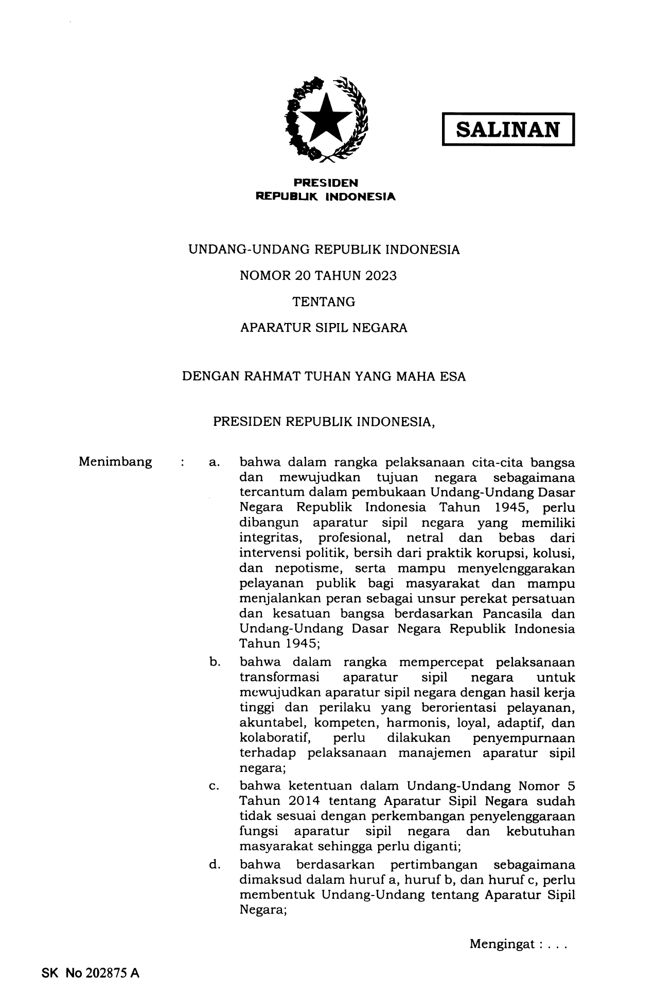 UNDANG.UNDANG REPUBLIK INDONESIA NOMOR 20 TAHUN 2023 TENTANG APARATUR SIPIL NEGARA